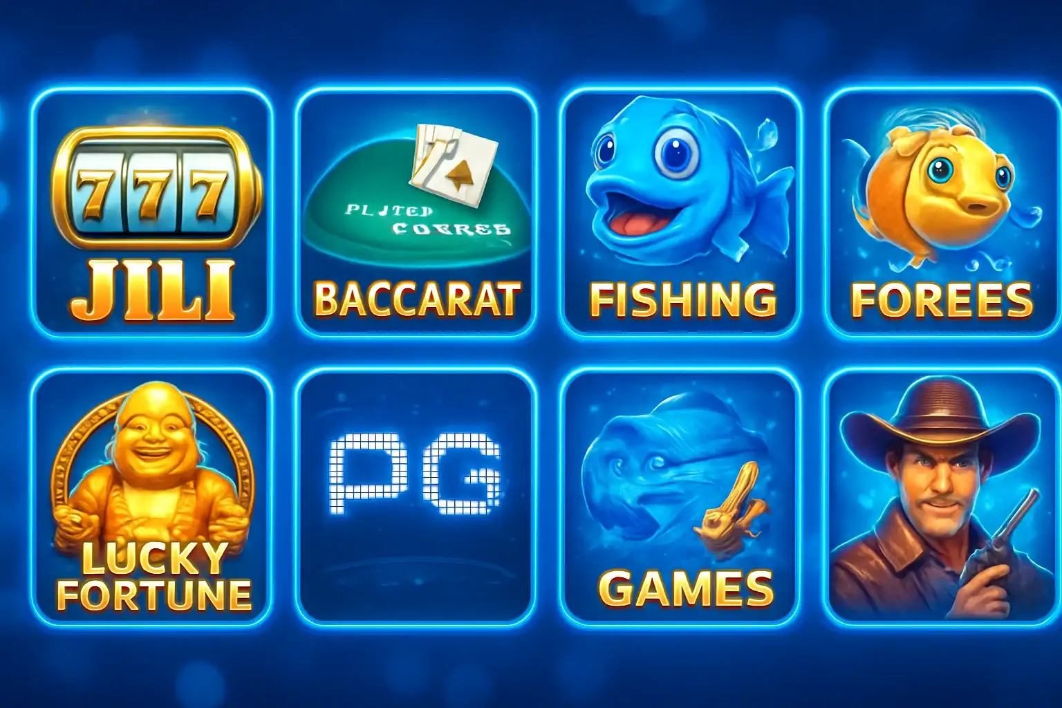 Colorful grid of Philippine casino game thumbnails with blue and gold UI