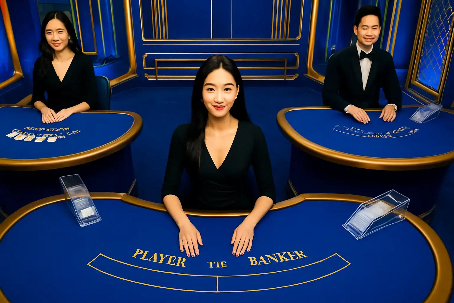 Elegant live casino studio with Asian dealers, baccarat and blackjack tables