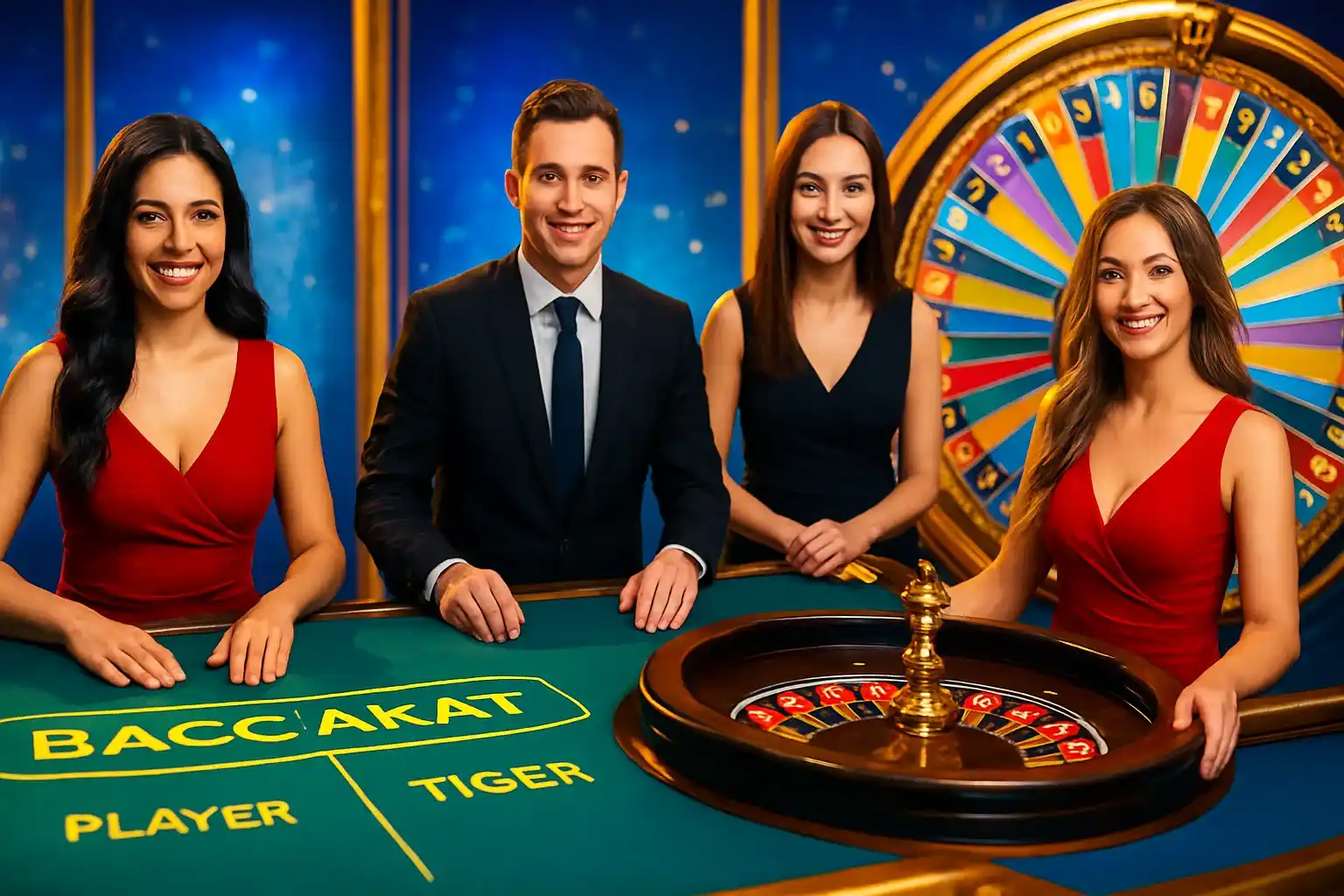 Live casino game cards with baccarat, roulette, Crazy Time, and dealers