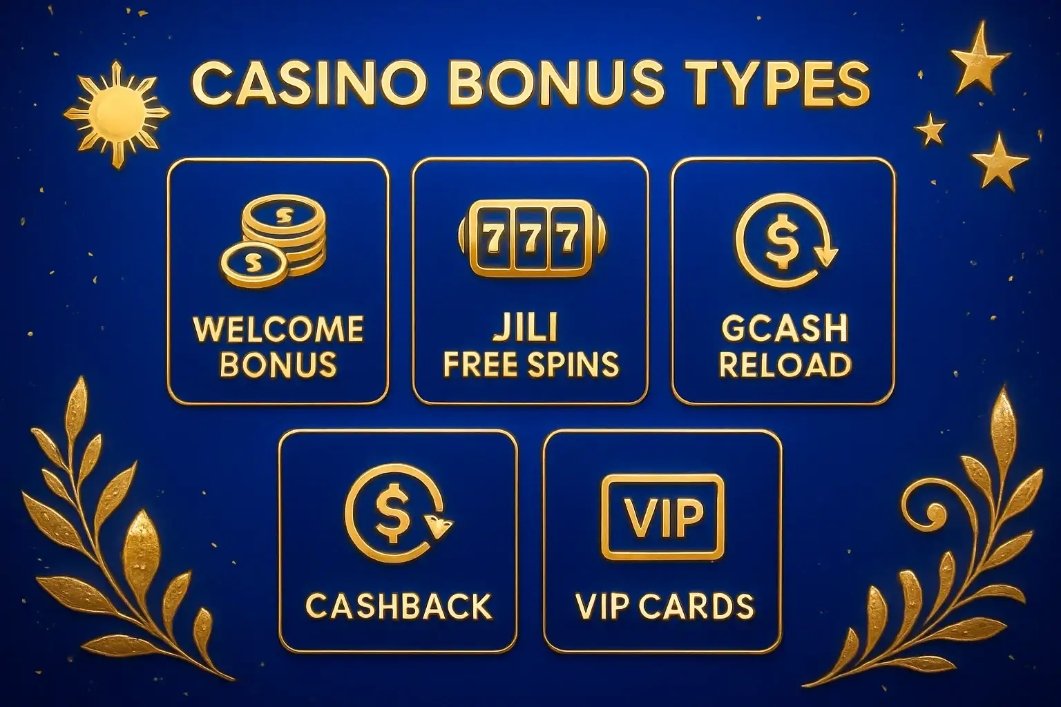 Welcome bonus, JILI free spins, GCash reload, cashback and VIP cards display