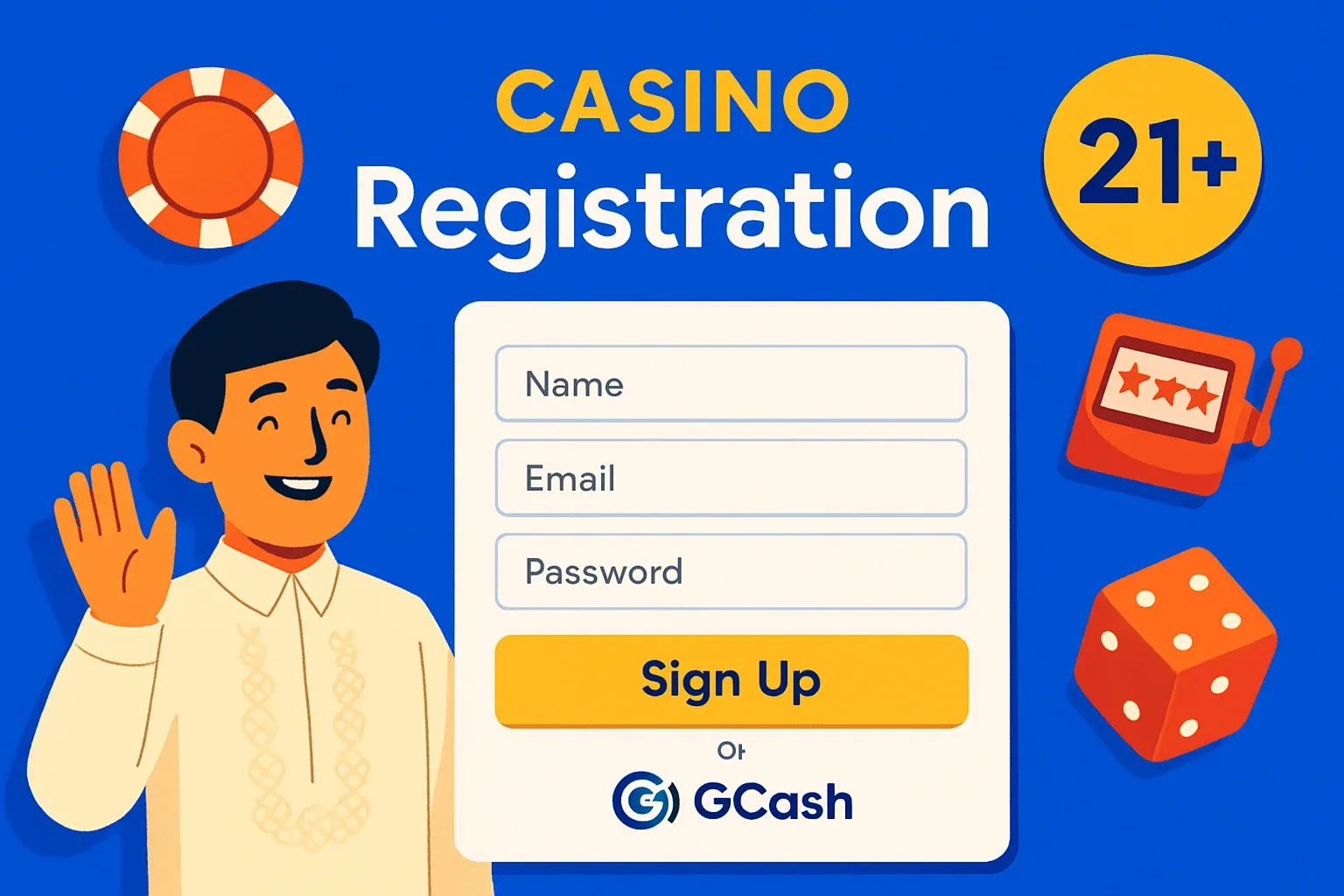Philippine casino sign-up form on royal blue with GCash and 21+ badge