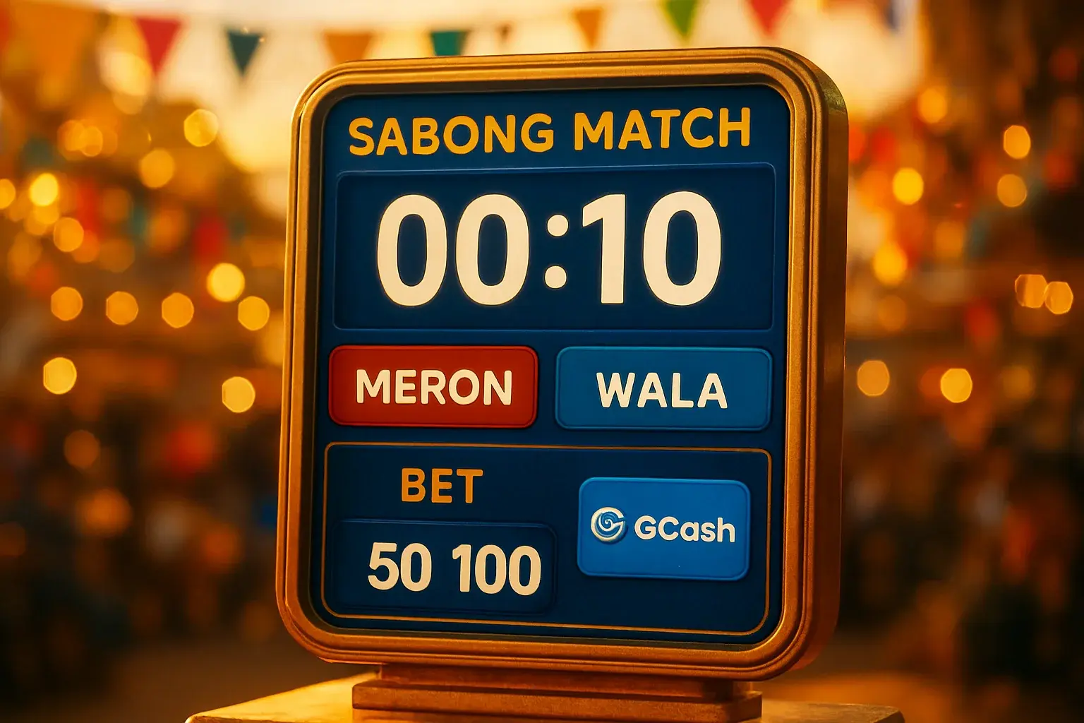 Live sabong countdown timer with Meron vs Wala betting and GCash badge