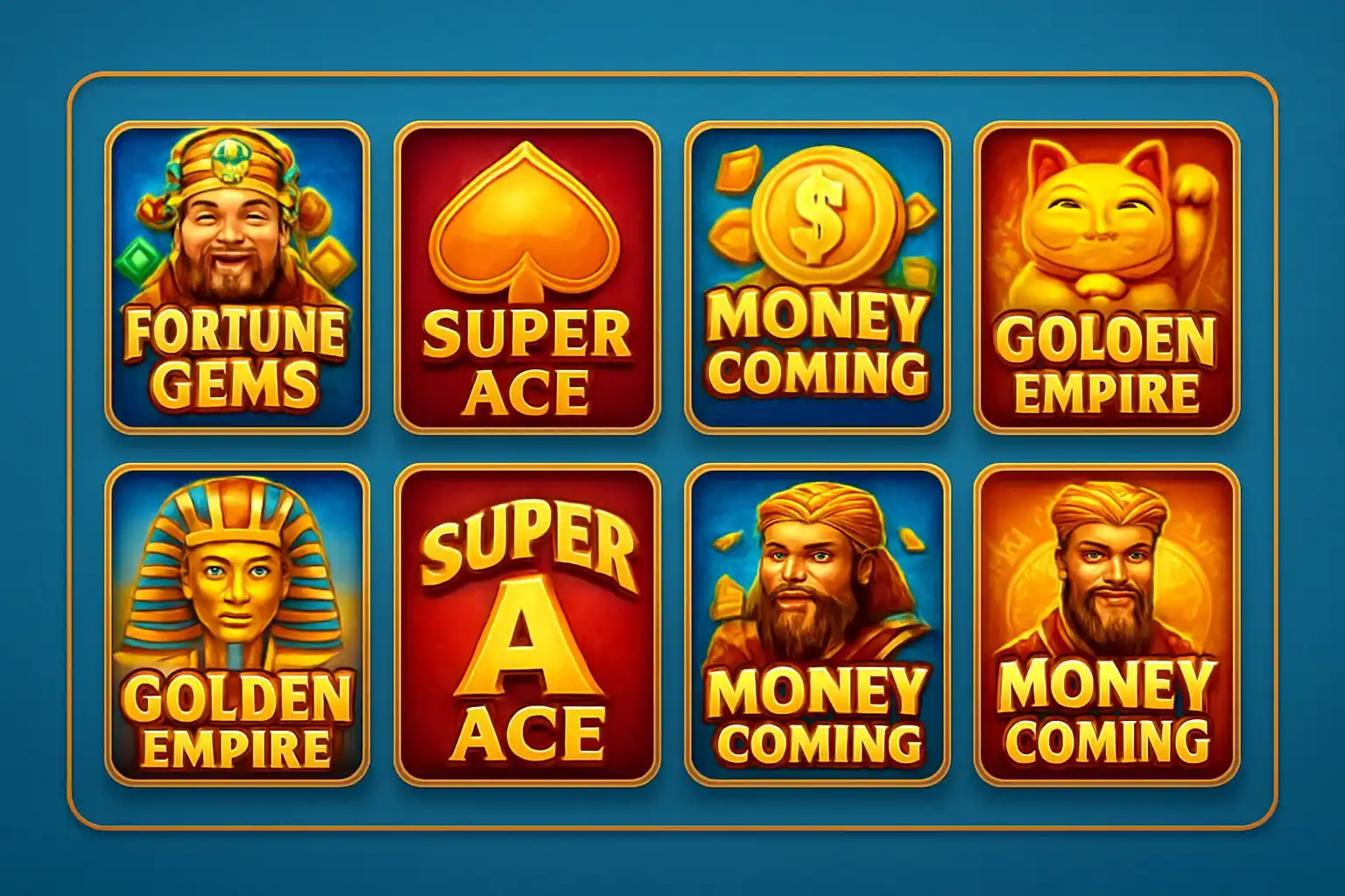 Grid of JILI and PG Soft slot game thumbnails on blue background