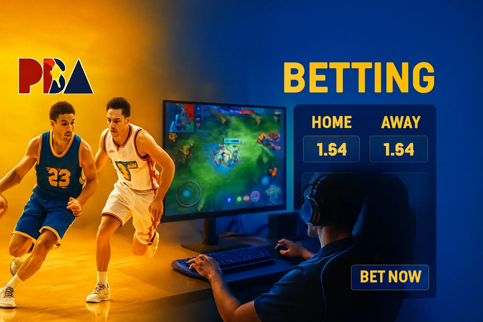 Dynamic Philippine sports betting banner with PBA action and Mobile Legends setup